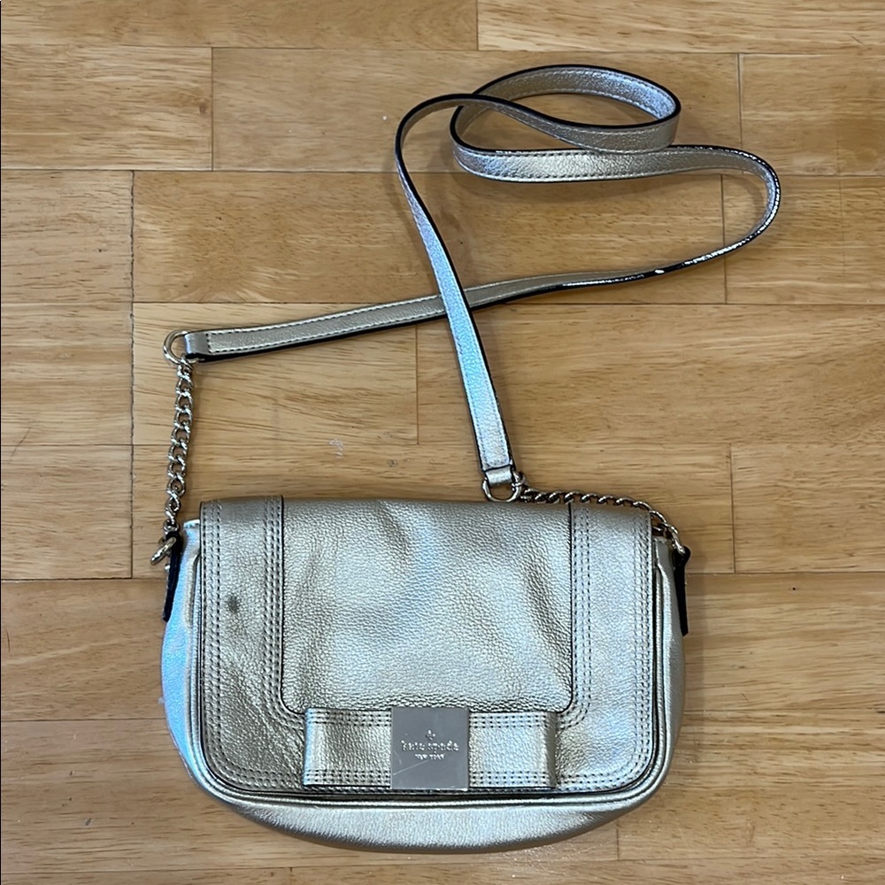 Kate Spade Gold Crossbody Bag with Flap Closure and Polka Dot lining